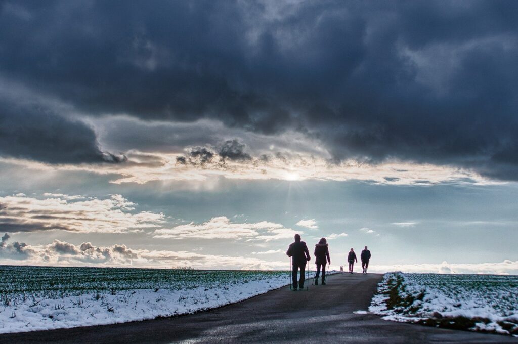 overcast, winter, cloudy day, clouds, landscape, path, nature, people, snow, walking, people, people, people, people, people, walking